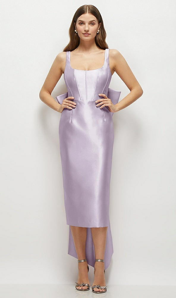 Front View - Lilac Haze Scoop Neck Corset Satin Midi Dress with Floor-Length Bow Tails