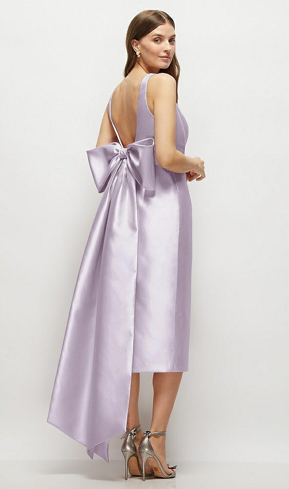 Back View - Lilac Haze Scoop Neck Corset Satin Midi Dress with Floor-Length Bow Tails