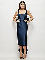 Front View Thumbnail - Midnight Navy Scoop Neck Corset Satin Midi Dress with Floor-Length Bow Tails