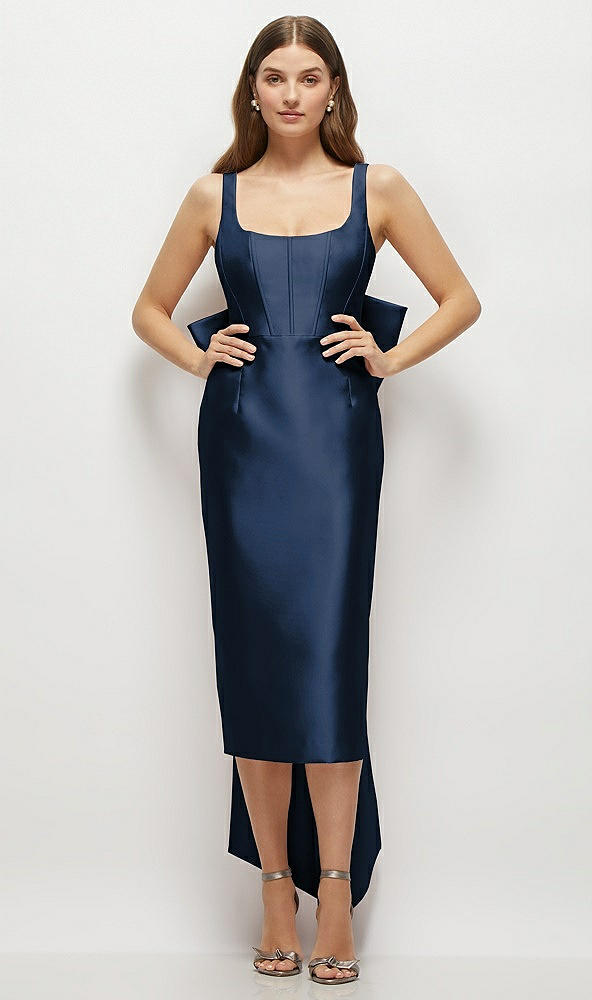 Front View - Midnight Navy Scoop Neck Corset Satin Midi Dress with Floor-Length Bow Tails