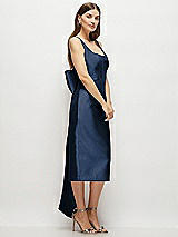 Side View Thumbnail - Midnight Navy Scoop Neck Corset Satin Midi Dress with Floor-Length Bow Tails