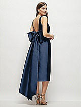 Rear View Thumbnail - Midnight Navy Scoop Neck Corset Satin Midi Dress with Floor-Length Bow Tails