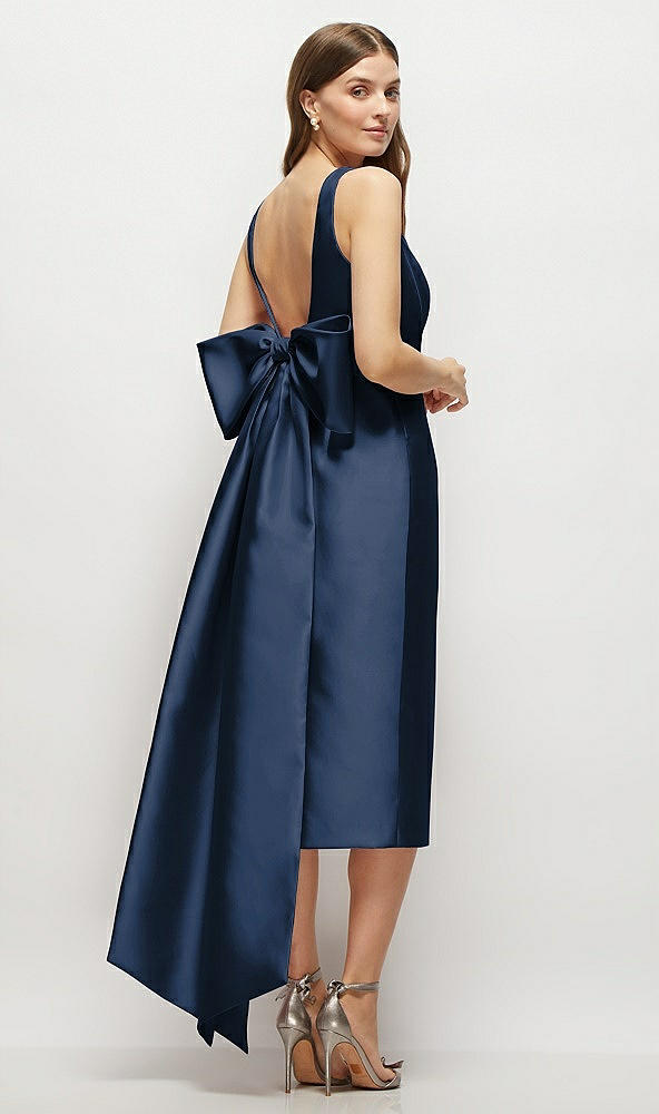 Back View - Midnight Navy Scoop Neck Corset Satin Midi Dress with Floor-Length Bow Tails