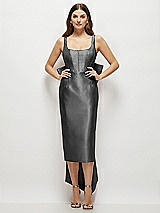 Front View Thumbnail - Pewter Scoop Neck Corset Satin Midi Dress with Floor-Length Bow Tails