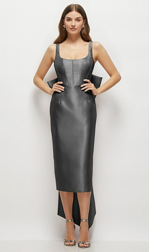 Front View - Pewter Scoop Neck Corset Satin Midi Dress with Floor-Length Bow Tails