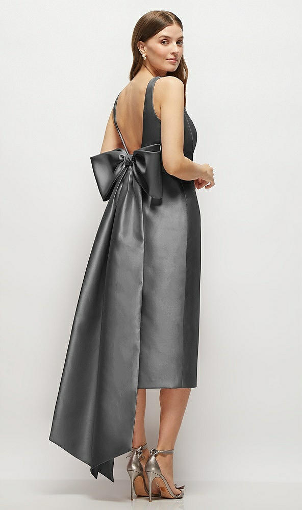 Back View - Pewter Scoop Neck Corset Satin Midi Dress with Floor-Length Bow Tails