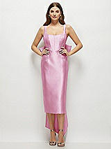 Front View Thumbnail - Powder Pink Scoop Neck Corset Satin Midi Dress with Floor-Length Bow Tails