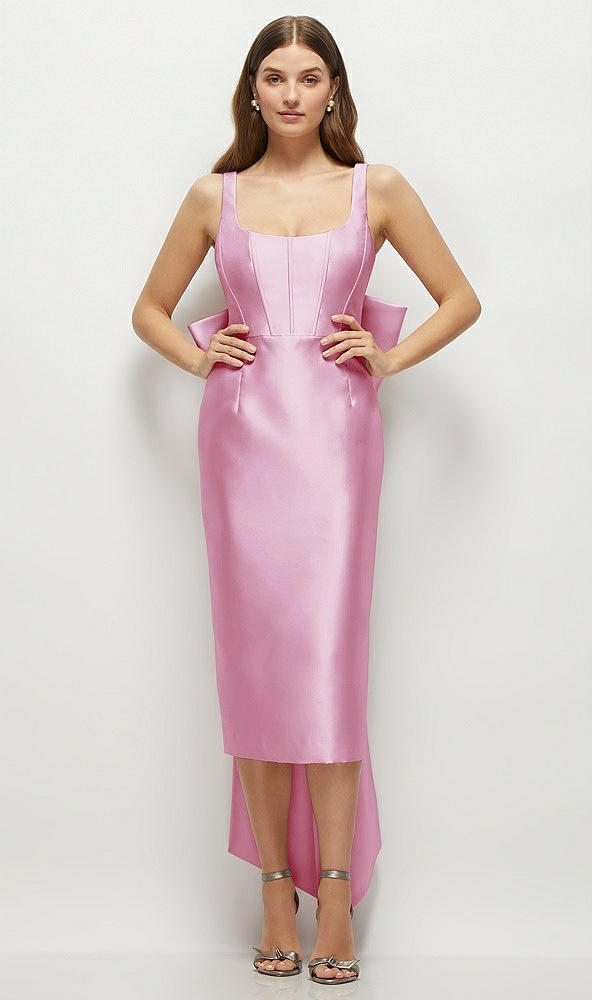 Front View - Powder Pink Scoop Neck Corset Satin Midi Dress with Floor-Length Bow Tails