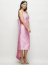 Side View Thumbnail - Powder Pink Scoop Neck Corset Satin Midi Dress with Floor-Length Bow Tails