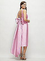 Rear View Thumbnail - Powder Pink Scoop Neck Corset Satin Midi Dress with Floor-Length Bow Tails
