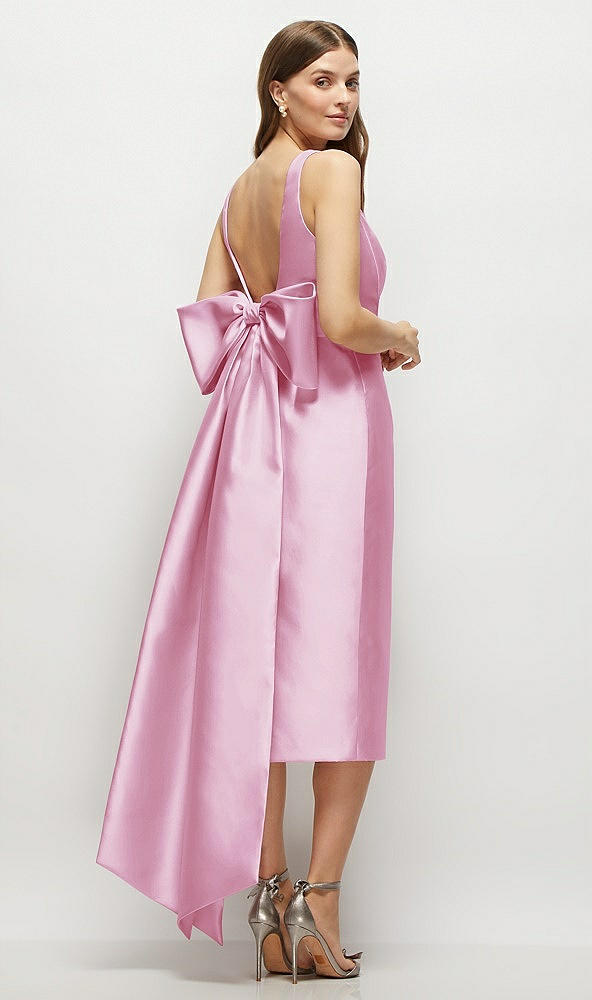 Back View - Powder Pink Scoop Neck Corset Satin Midi Dress with Floor-Length Bow Tails