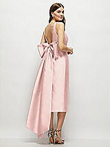 Rear View Thumbnail - Rose - PANTONE Rose Quartz Scoop Neck Corset Satin Midi Dress with Floor-Length Bow Tails