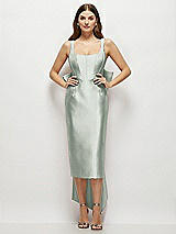 Front View Thumbnail - Willow Green Scoop Neck Corset Satin Midi Dress with Floor-Length Bow Tails