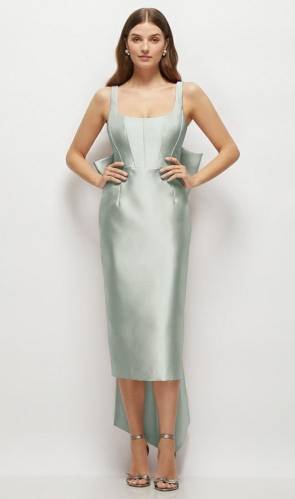 Front View - Willow Green Scoop Neck Corset Satin Midi Dress with Floor-Length Bow Tails