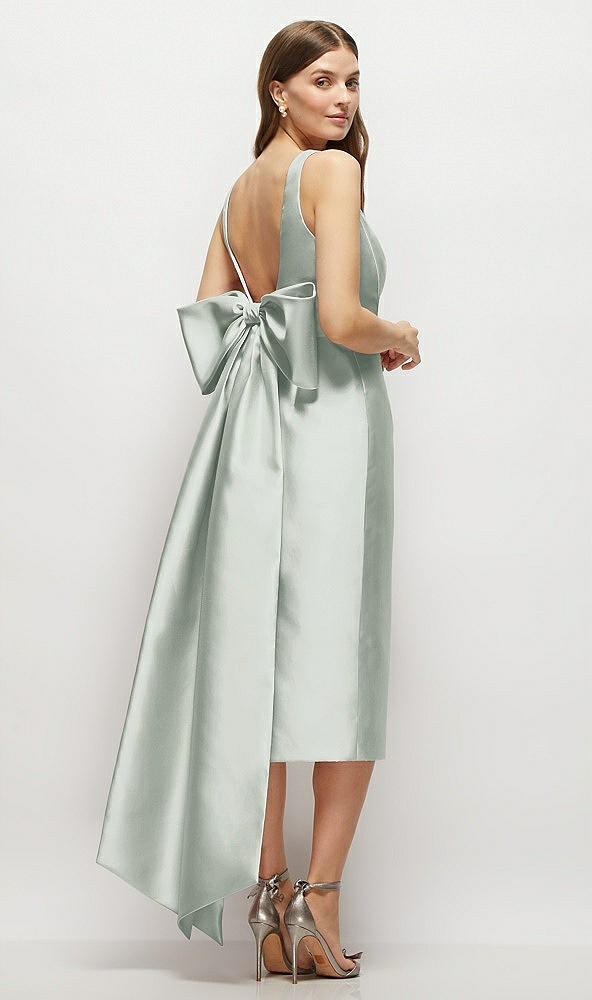 Back View - Willow Green Scoop Neck Corset Satin Midi Dress with Floor-Length Bow Tails
