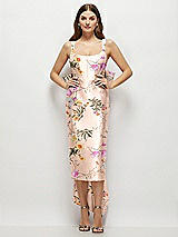 Front View Thumbnail - Butterfly Botanica Pink Sand Floral Scoop Neck Corset Satin Midi Dress with Floor-Length Bow Tails