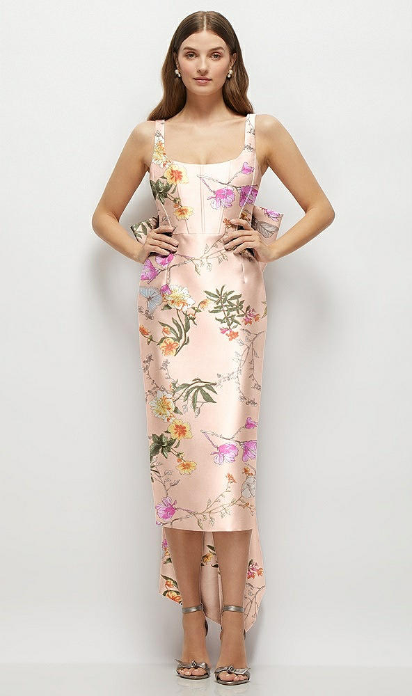 Front View - Butterfly Botanica Pink Sand Floral Scoop Neck Corset Satin Midi Dress with Floor-Length Bow Tails