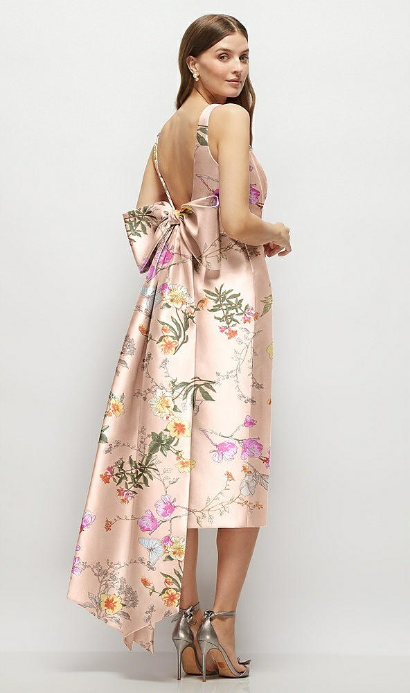 Back View - Butterfly Botanica Pink Sand Floral Scoop Neck Corset Satin Midi Dress with Floor-Length Bow Tails
