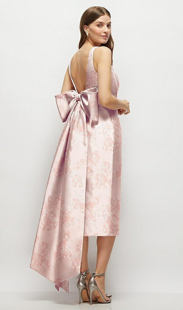 Back View - Bow And Blossom Print Floral Scoop Neck Corset Satin Midi Dress with Floor-Length Bow Tails