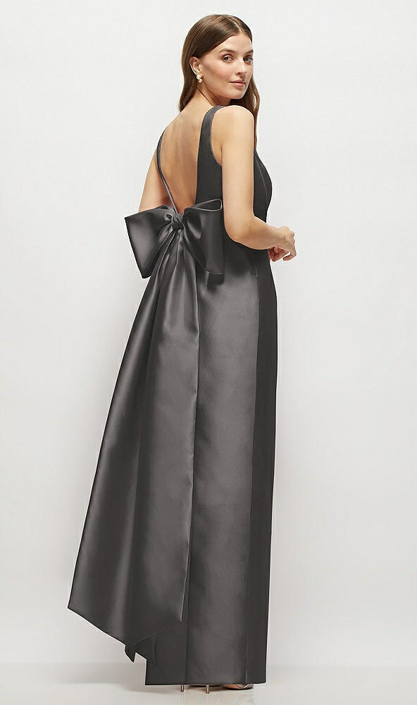 Front View - Caviar Gray Scoop Neck Corset Satin Maxi Dress with Floor-Length Bow Tails