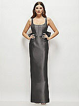 Rear View Thumbnail - Caviar Gray Scoop Neck Corset Satin Maxi Dress with Floor-Length Bow Tails