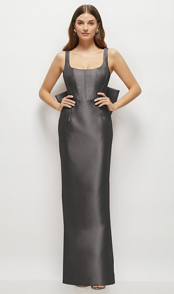 Back View - Caviar Gray Scoop Neck Corset Satin Maxi Dress with Floor-Length Bow Tails