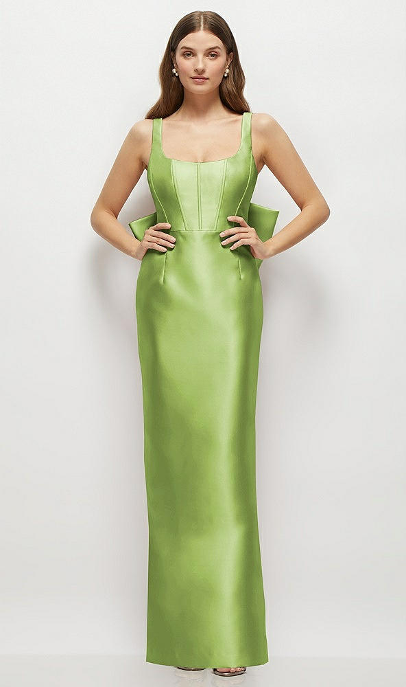 Back View - Mojito Scoop Neck Corset Satin Maxi Dress with Floor-Length Bow Tails