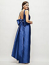 Front View Thumbnail - Classic Blue Scoop Neck Corset Satin Maxi Dress with Floor-Length Bow Tails