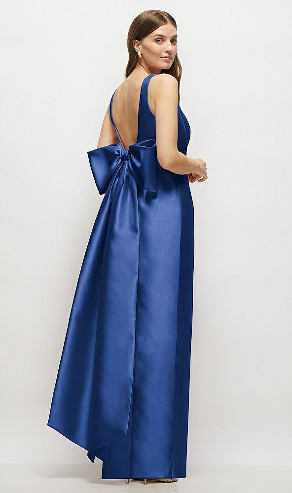 Front View - Classic Blue Scoop Neck Corset Satin Maxi Dress with Floor-Length Bow Tails