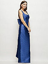 Side View Thumbnail - Classic Blue Scoop Neck Corset Satin Maxi Dress with Floor-Length Bow Tails