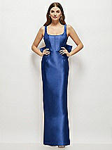 Rear View Thumbnail - Classic Blue Scoop Neck Corset Satin Maxi Dress with Floor-Length Bow Tails