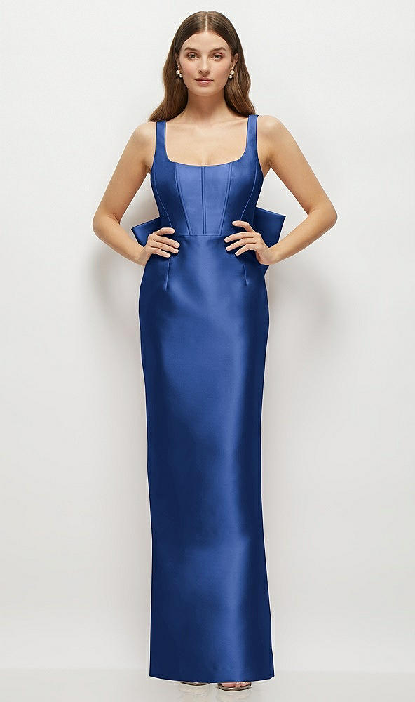 Back View - Classic Blue Scoop Neck Corset Satin Maxi Dress with Floor-Length Bow Tails
