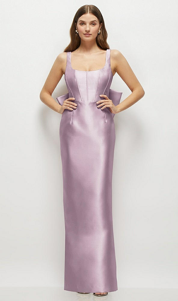 Back View - Suede Rose Scoop Neck Corset Satin Maxi Dress with Floor-Length Bow Tails