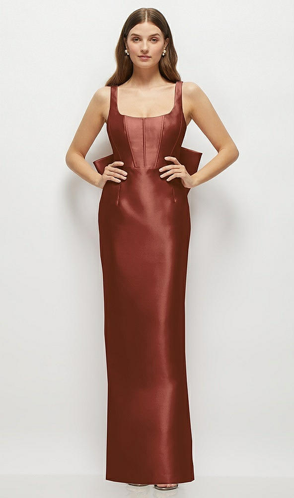 Back View - Auburn Moon Scoop Neck Corset Satin Maxi Dress with Floor-Length Bow Tails