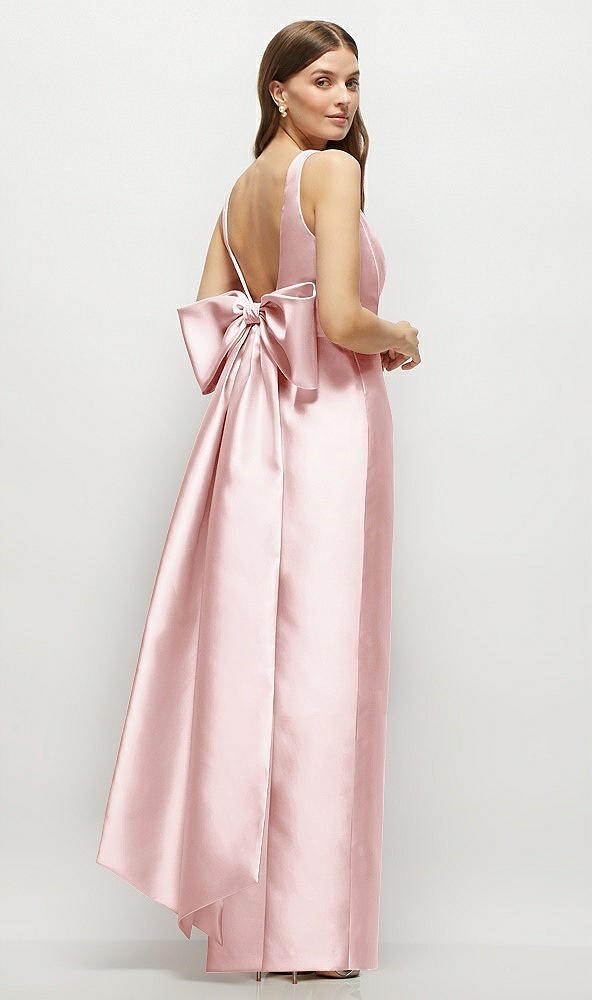 Front View - Ballet Pink Scoop Neck Corset Satin Maxi Dress with Floor-Length Bow Tails