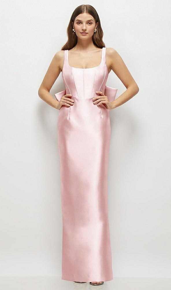 Back View - Ballet Pink Scoop Neck Corset Satin Maxi Dress with Floor-Length Bow Tails
