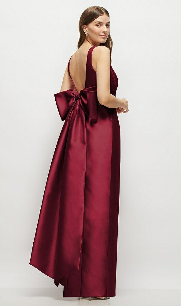 Front View - Burgundy Scoop Neck Corset Satin Maxi Dress with Floor-Length Bow Tails
