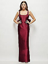 Rear View Thumbnail - Burgundy Scoop Neck Corset Satin Maxi Dress with Floor-Length Bow Tails