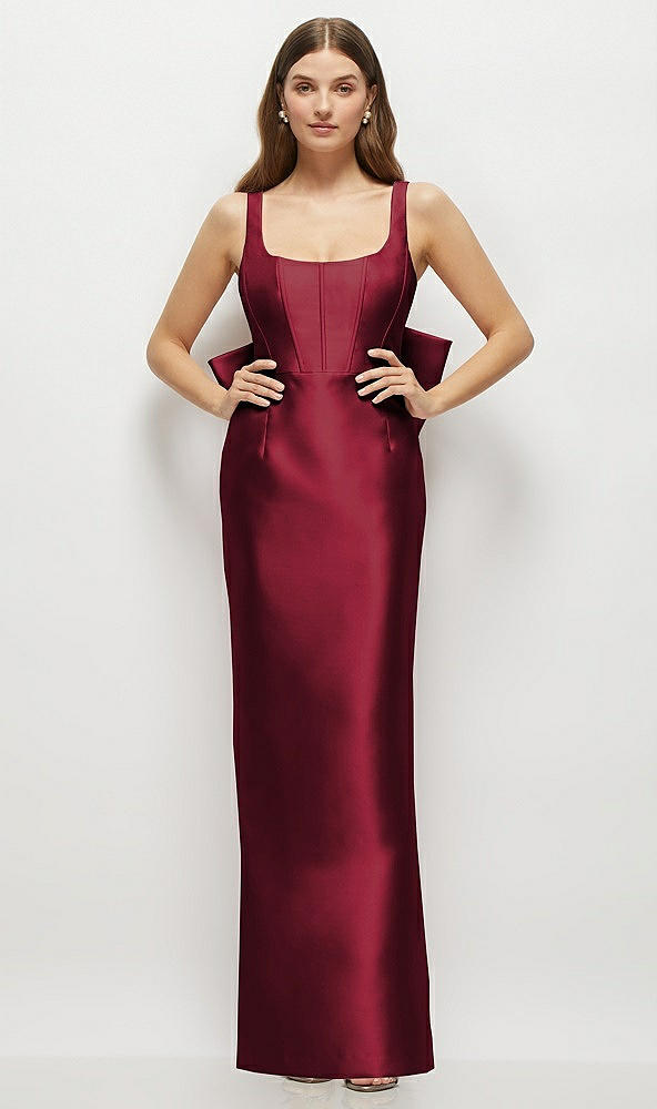 Back View - Burgundy Scoop Neck Corset Satin Maxi Dress with Floor-Length Bow Tails