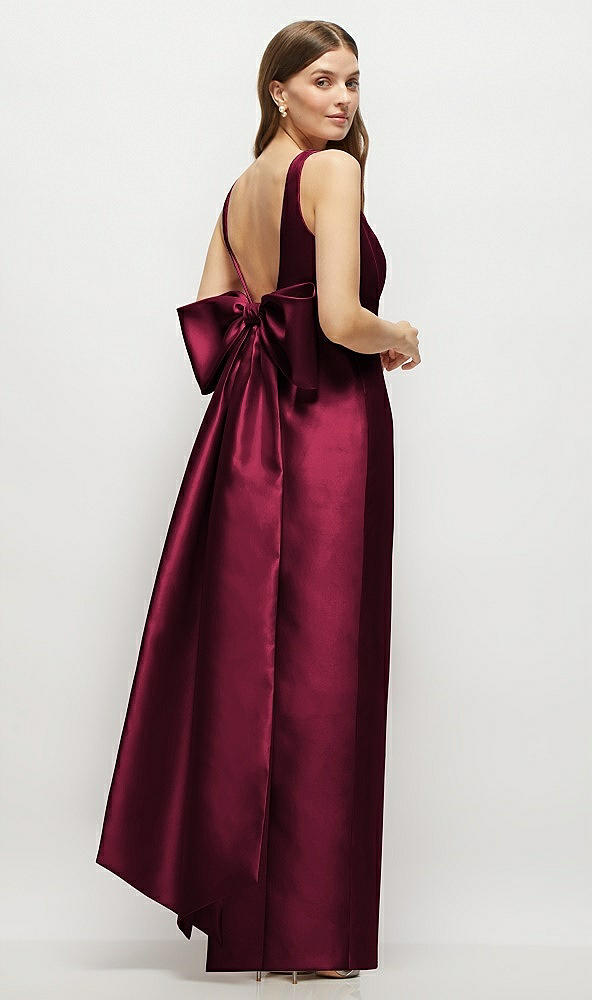 Front View - Cabernet Scoop Neck Corset Satin Maxi Dress with Floor-Length Bow Tails