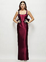Rear View Thumbnail - Cabernet Scoop Neck Corset Satin Maxi Dress with Floor-Length Bow Tails