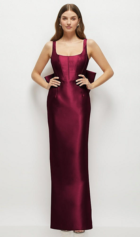 Back View - Cabernet Scoop Neck Corset Satin Maxi Dress with Floor-Length Bow Tails