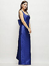 Side View Thumbnail - Cobalt Blue Scoop Neck Corset Satin Maxi Dress with Floor-Length Bow Tails
