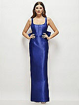 Rear View Thumbnail - Cobalt Blue Scoop Neck Corset Satin Maxi Dress with Floor-Length Bow Tails
