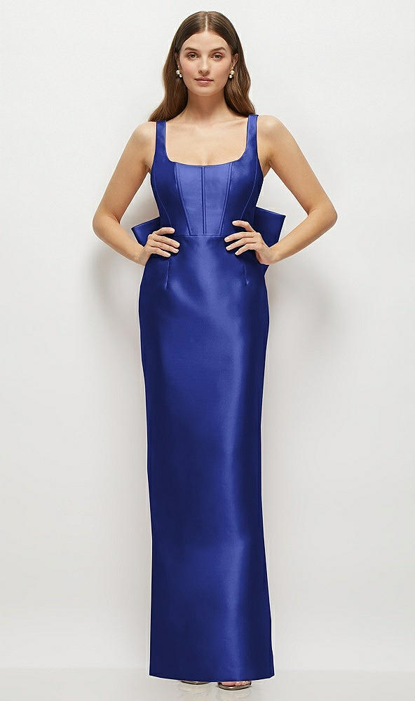 Back View - Cobalt Blue Scoop Neck Corset Satin Maxi Dress with Floor-Length Bow Tails