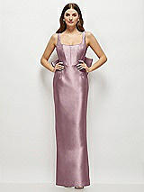 Rear View Thumbnail - Dusty Rose Scoop Neck Corset Satin Maxi Dress with Floor-Length Bow Tails