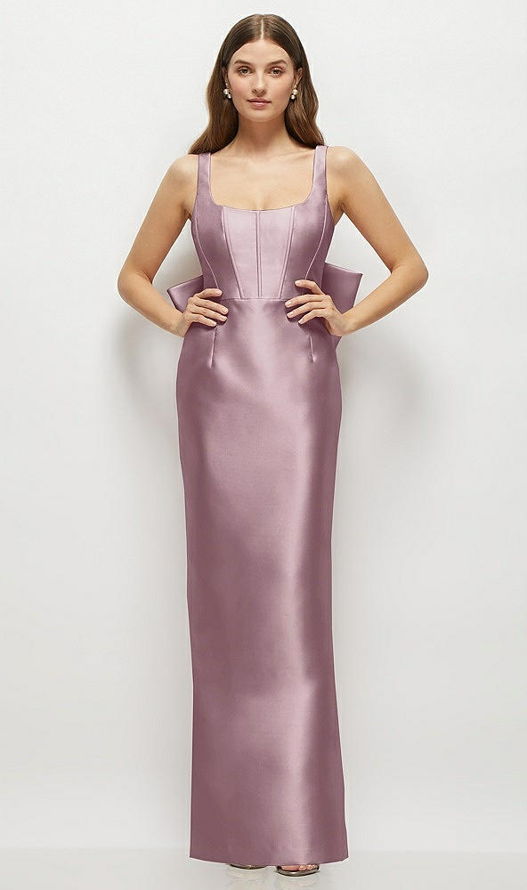 Back View - Dusty Rose Scoop Neck Corset Satin Maxi Dress with Floor-Length Bow Tails