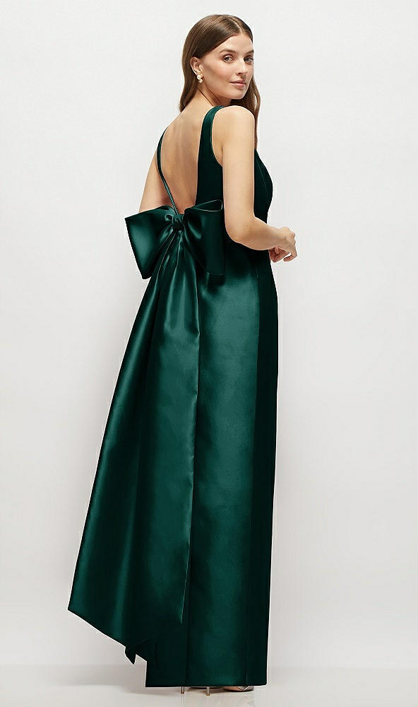 Front View - Evergreen Scoop Neck Corset Satin Maxi Dress with Floor-Length Bow Tails