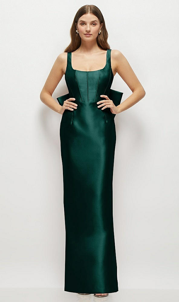 Back View - Evergreen Scoop Neck Corset Satin Maxi Dress with Floor-Length Bow Tails