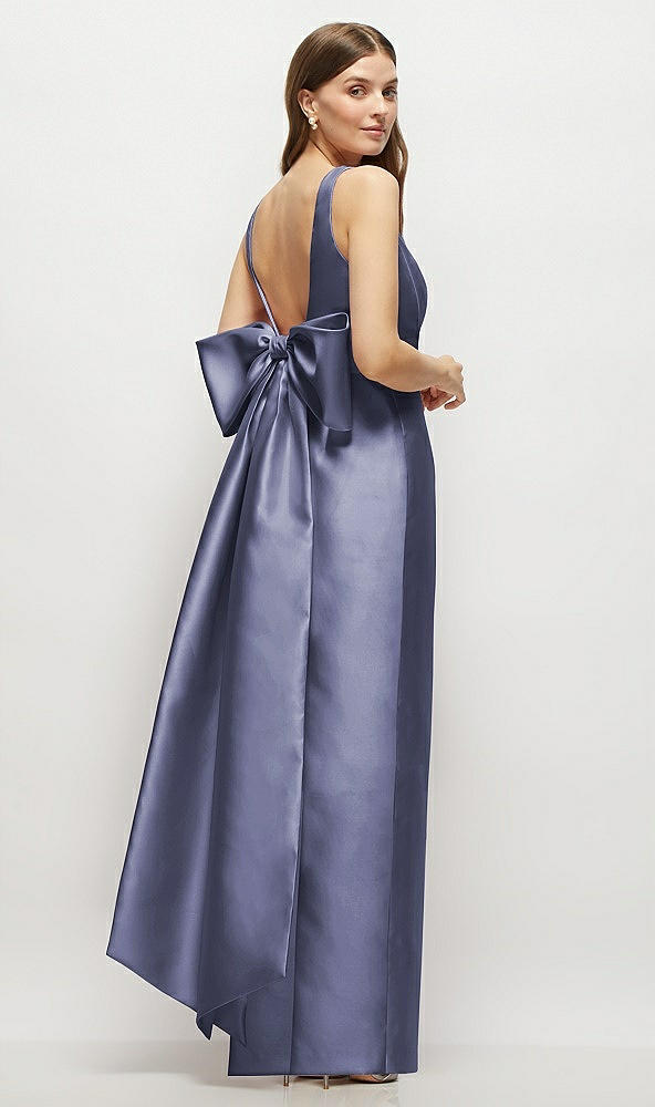 Front View - French Blue Scoop Neck Corset Satin Maxi Dress with Floor-Length Bow Tails